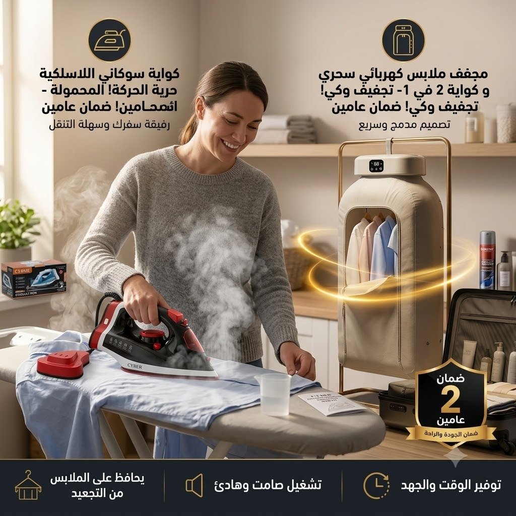 كواية سوكاني اللاسلكية المحمولة + مجفف ملابس كهربائي و كواية 2 في 1 بضمان عامين - الصورة 3